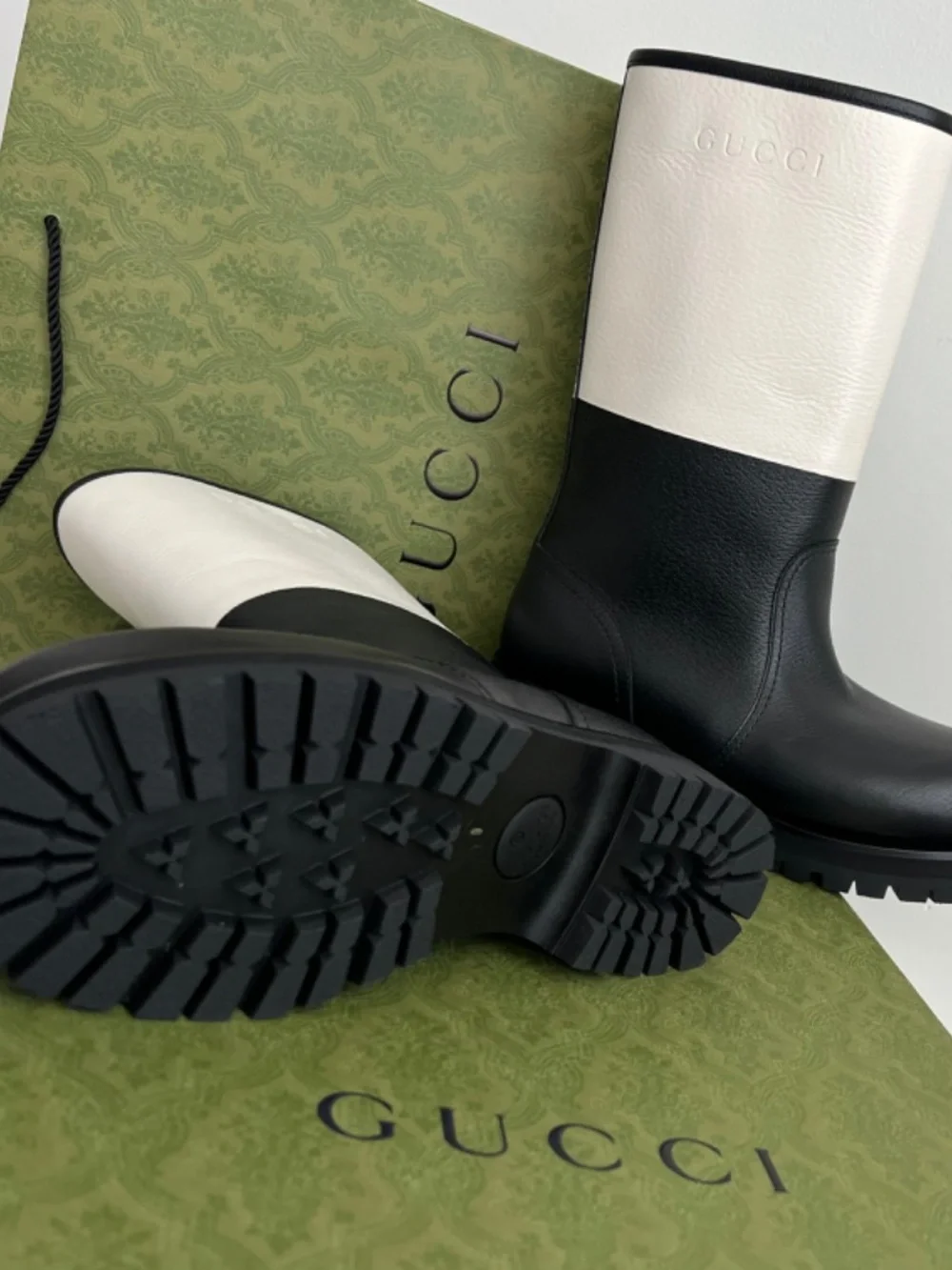 Gucci Men's Boots Rain Snow Biker Black White Leather High Size 9 US 9.5 EU43New